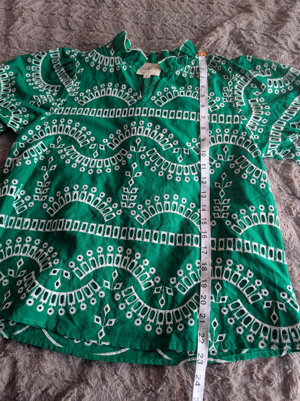 Umgee Green Patterned Ruffle Split-Neck Blouse - Picture 6 of 9